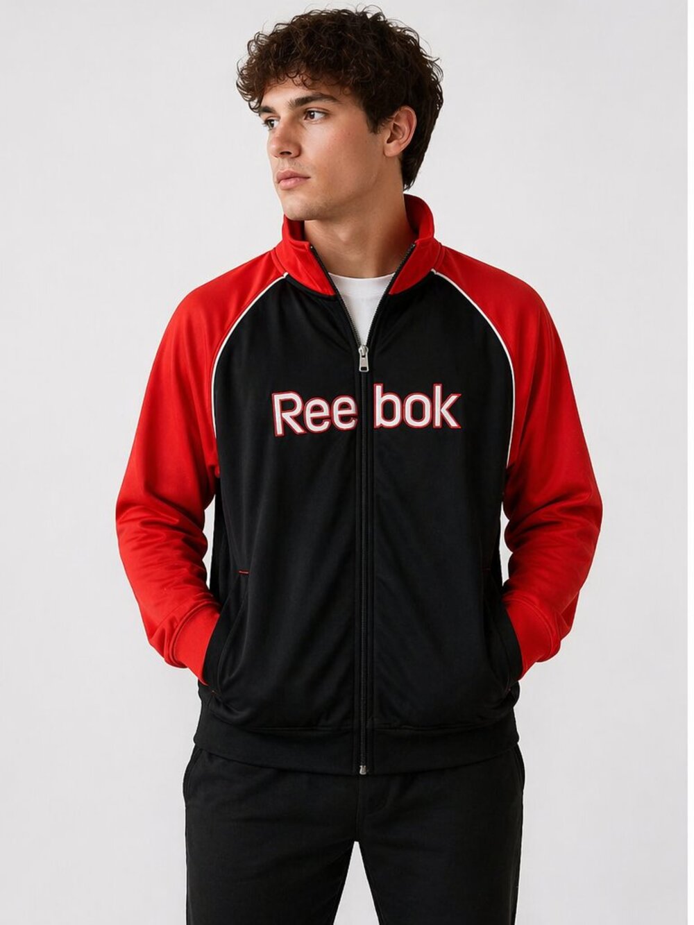 Reebok Track Jacket Medium M Black Red Full Zip Athletic Logo Sport Lightweight